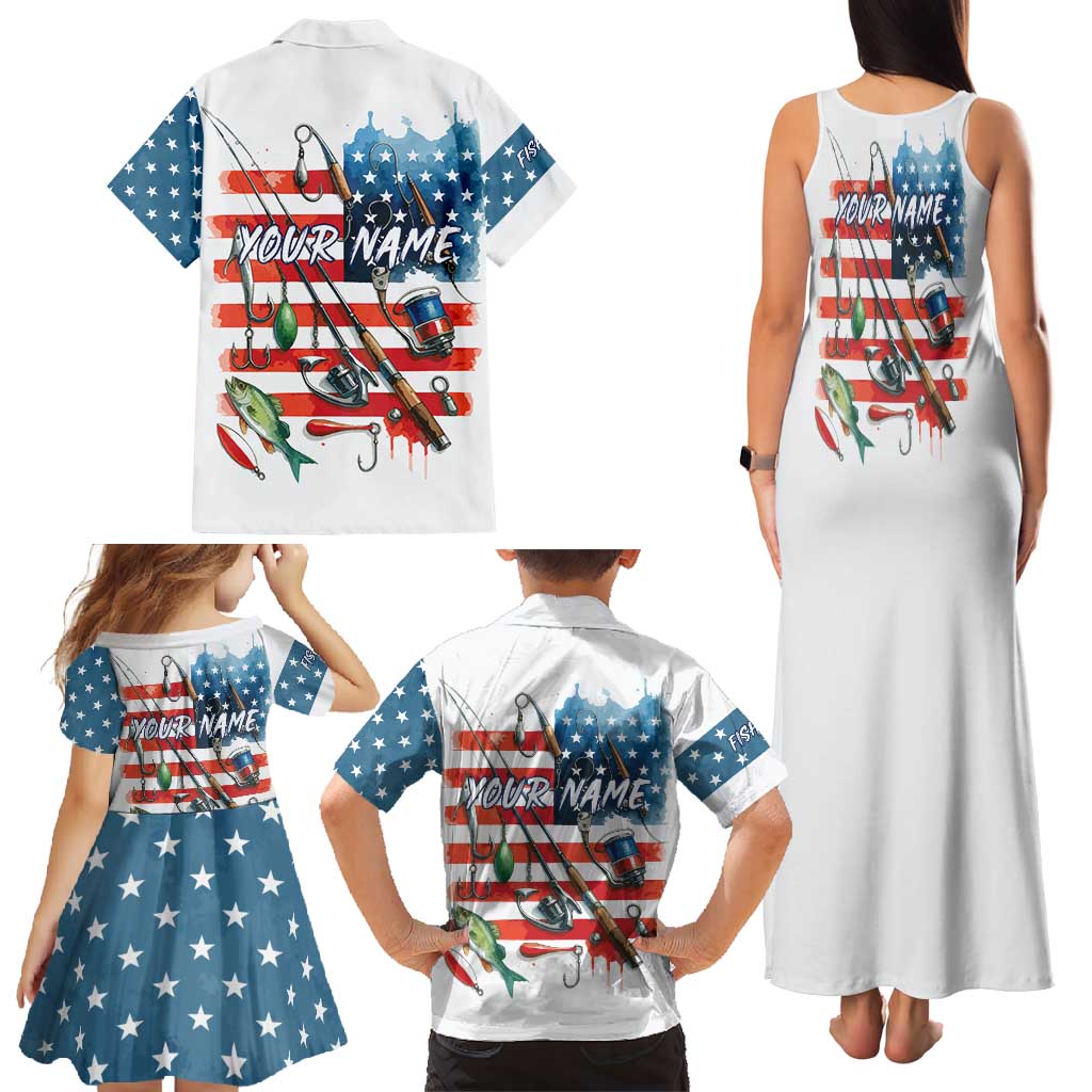 American Flag Fishing Family Matching Tank Maxi Dress and Hawaiian Shirt with Fishing Rods and Lures Watercolor Style Design - Wonder Print Shop