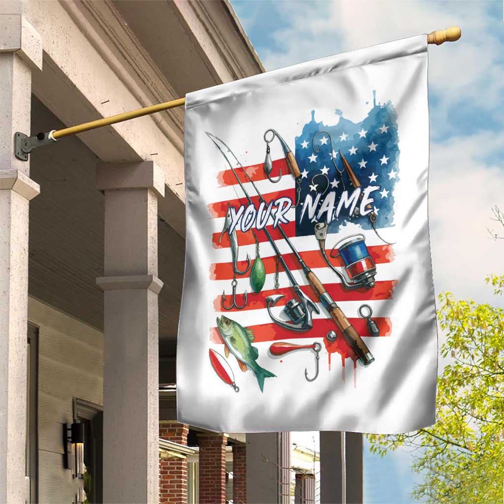 American Flag Fishing Garden Flag with Fishing Rods and Lures Watercolor Style Design - Wonder Print Shop