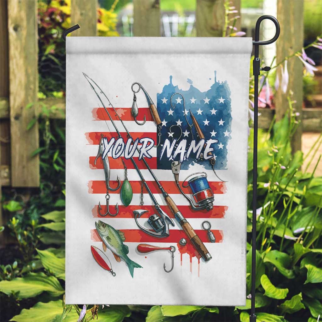 American Flag Fishing Garden Flag with Fishing Rods and Lures Watercolor Style Design - Wonder Print Shop