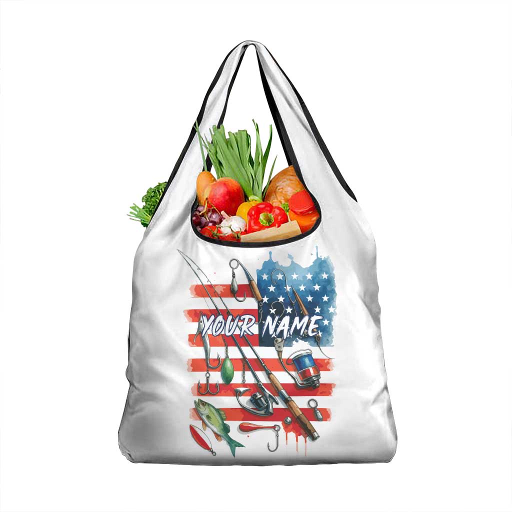 American Flag Fishing Grocery Bag with Fishing Rods and Lures Watercolor Style Design - Wonder Print Shop