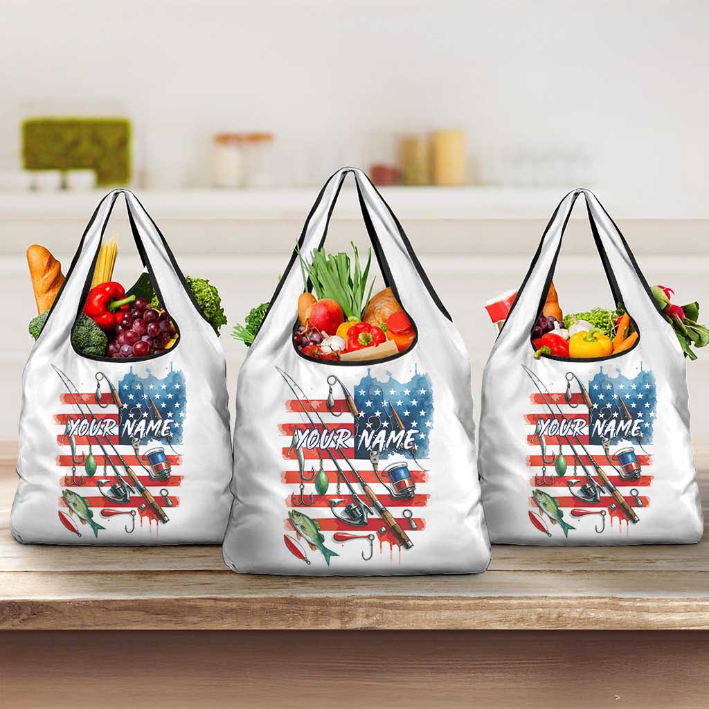 American Flag Fishing Grocery Bag with Fishing Rods and Lures Watercolor Style Design - Wonder Print Shop