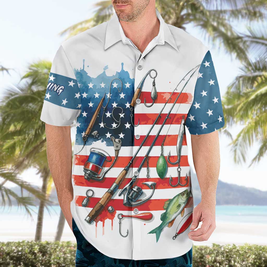 American Flag Fishing Hawaiian Shirt with Fishing Rods and Lures Watercolor Style Design - Wonder Print Shop