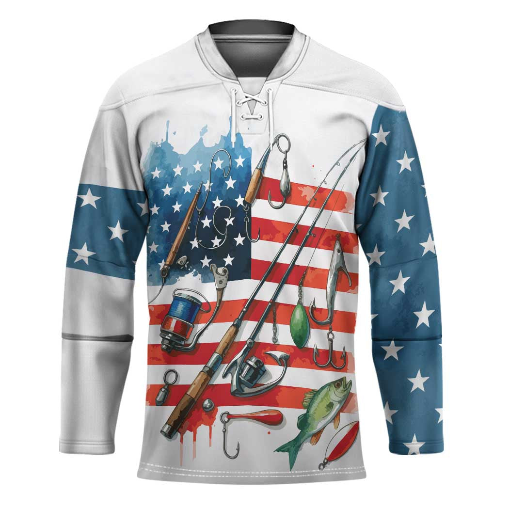 American Flag Fishing Hockey Jersey with Fishing Rods and Lures Watercolor Style Design - Wonder Print Shop