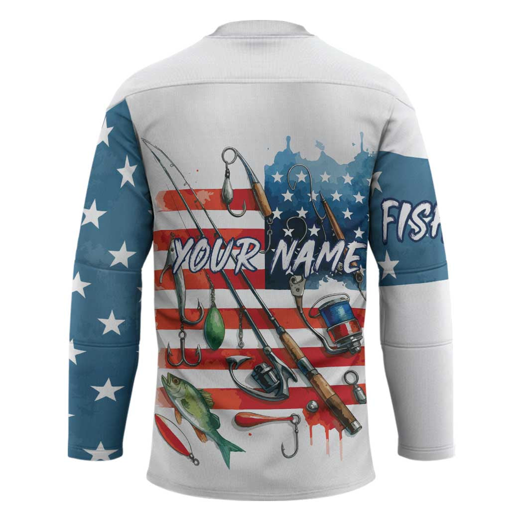 American Flag Fishing Hockey Jersey with Fishing Rods and Lures Watercolor Style Design - Wonder Print Shop