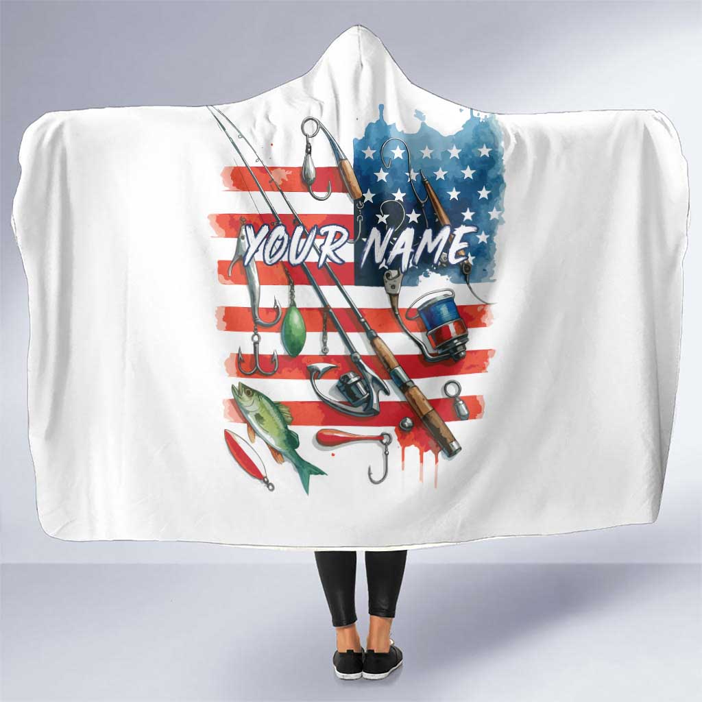American Flag Fishing Hooded Blanket with Fishing Rods and Lures Watercolor Style Design - Wonder Print Shop
