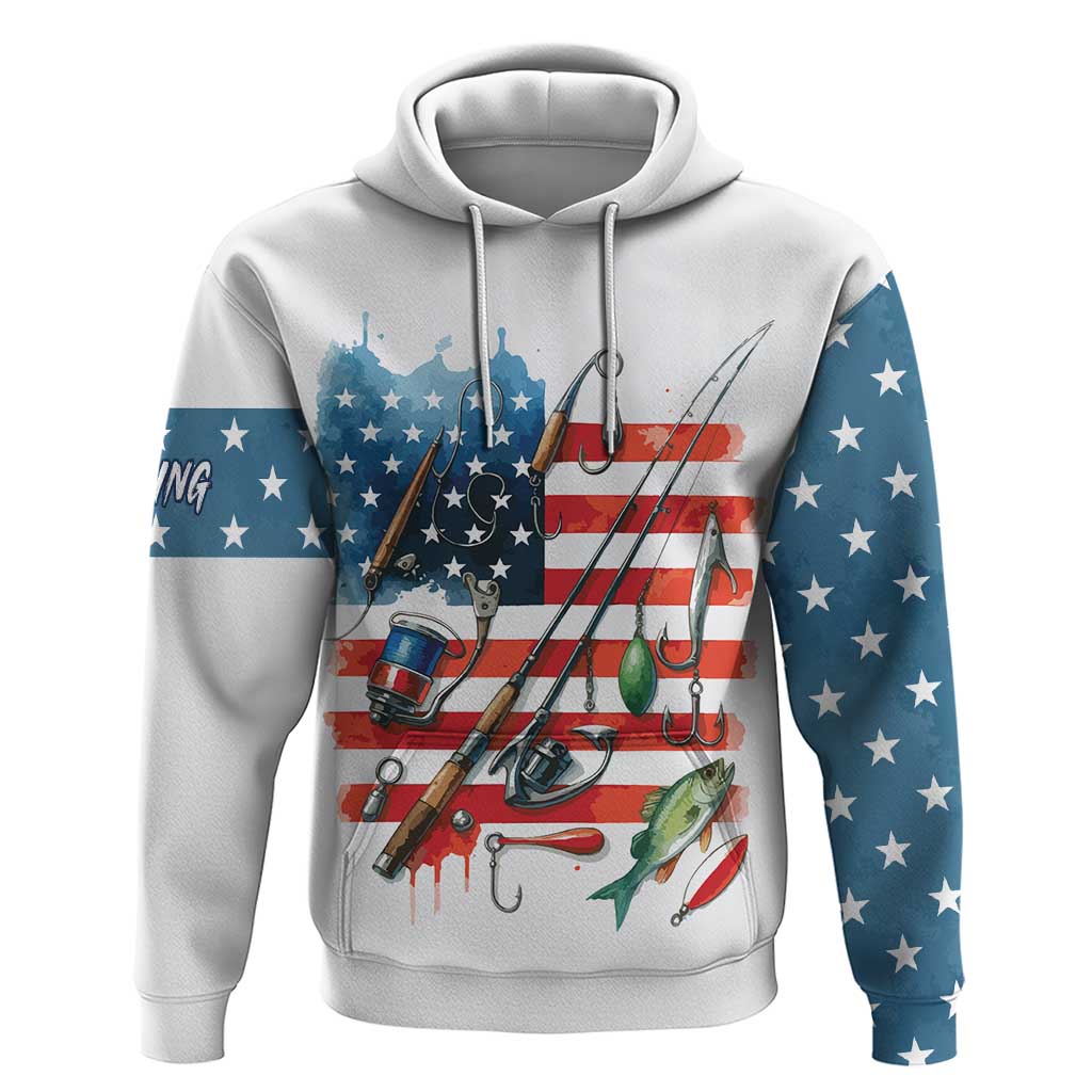 American Flag Fishing Hoodie with Fishing Rods and Lures Watercolor Style Design - Wonder Print Shop