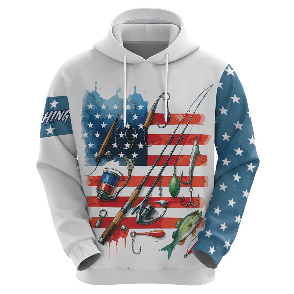 American Flag Fishing Hoodie with Fishing Rods and Lures Watercolor Style Design - Wonder Print Shop