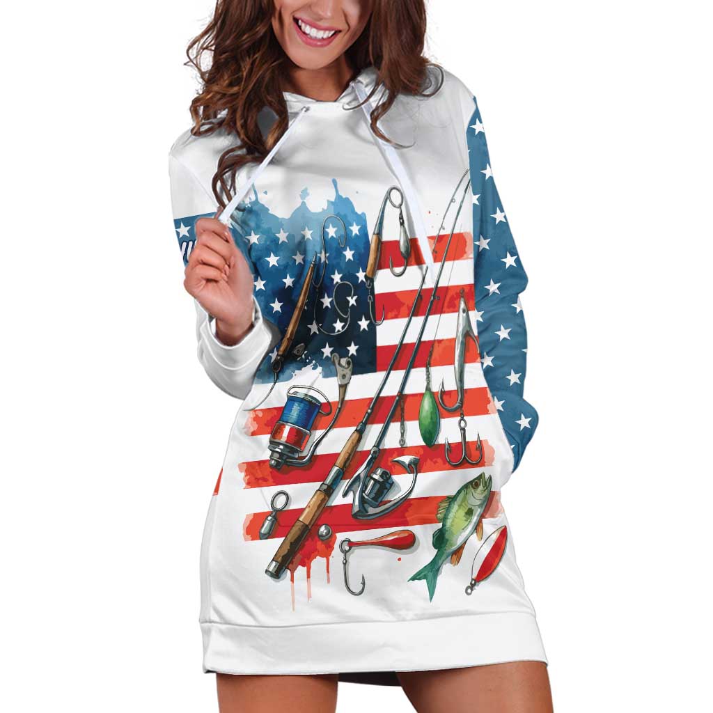 American Flag Fishing Hoodie Dress with Fishing Rods and Lures Watercolor Style Design - Wonder Print Shop