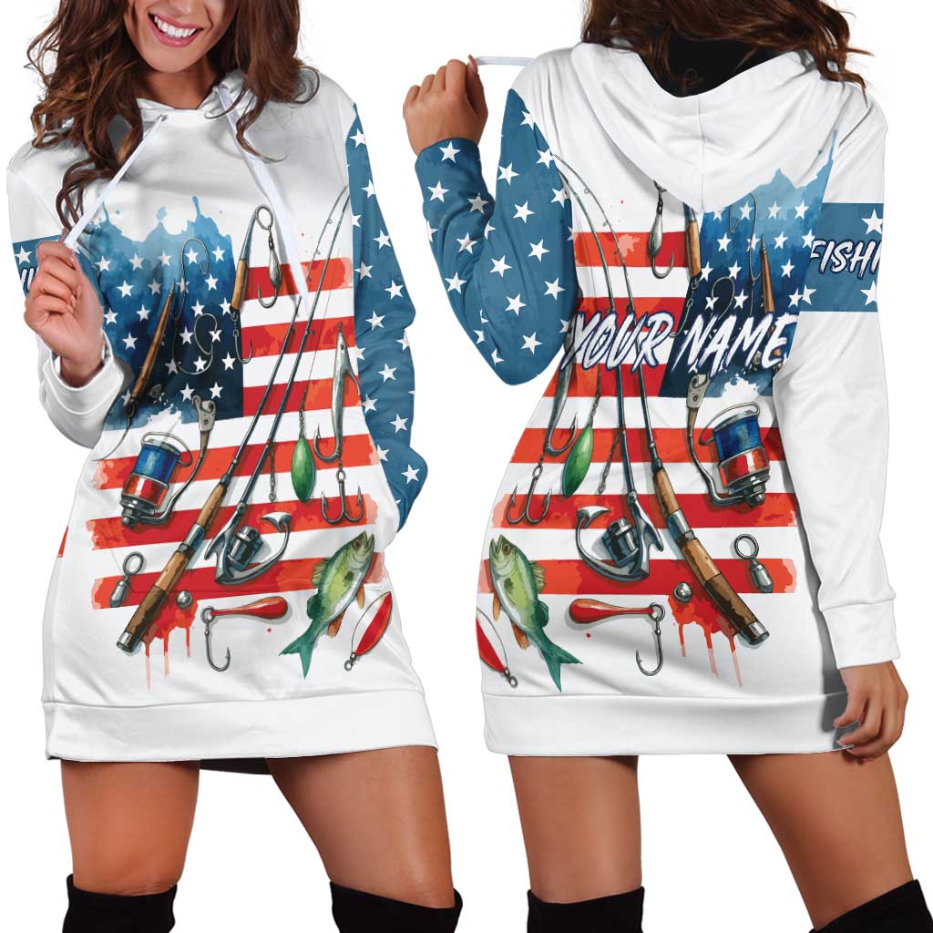 American Flag Fishing Hoodie Dress with Fishing Rods and Lures Watercolor Style Design - Wonder Print Shop