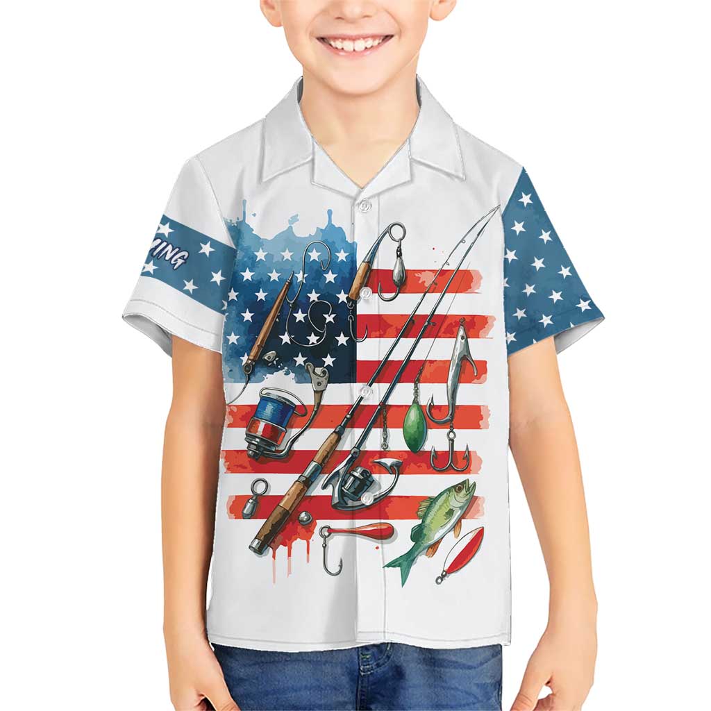 American Flag Fishing Kid Hawaiian Shirt with Fishing Rods and Lures Watercolor Style Design - Wonder Print Shop
