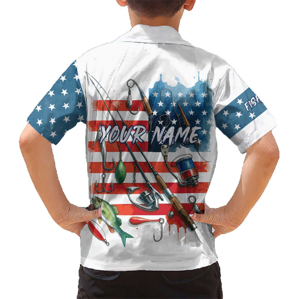 American Flag Fishing Kid Hawaiian Shirt with Fishing Rods and Lures Watercolor Style Design - Wonder Print Shop
