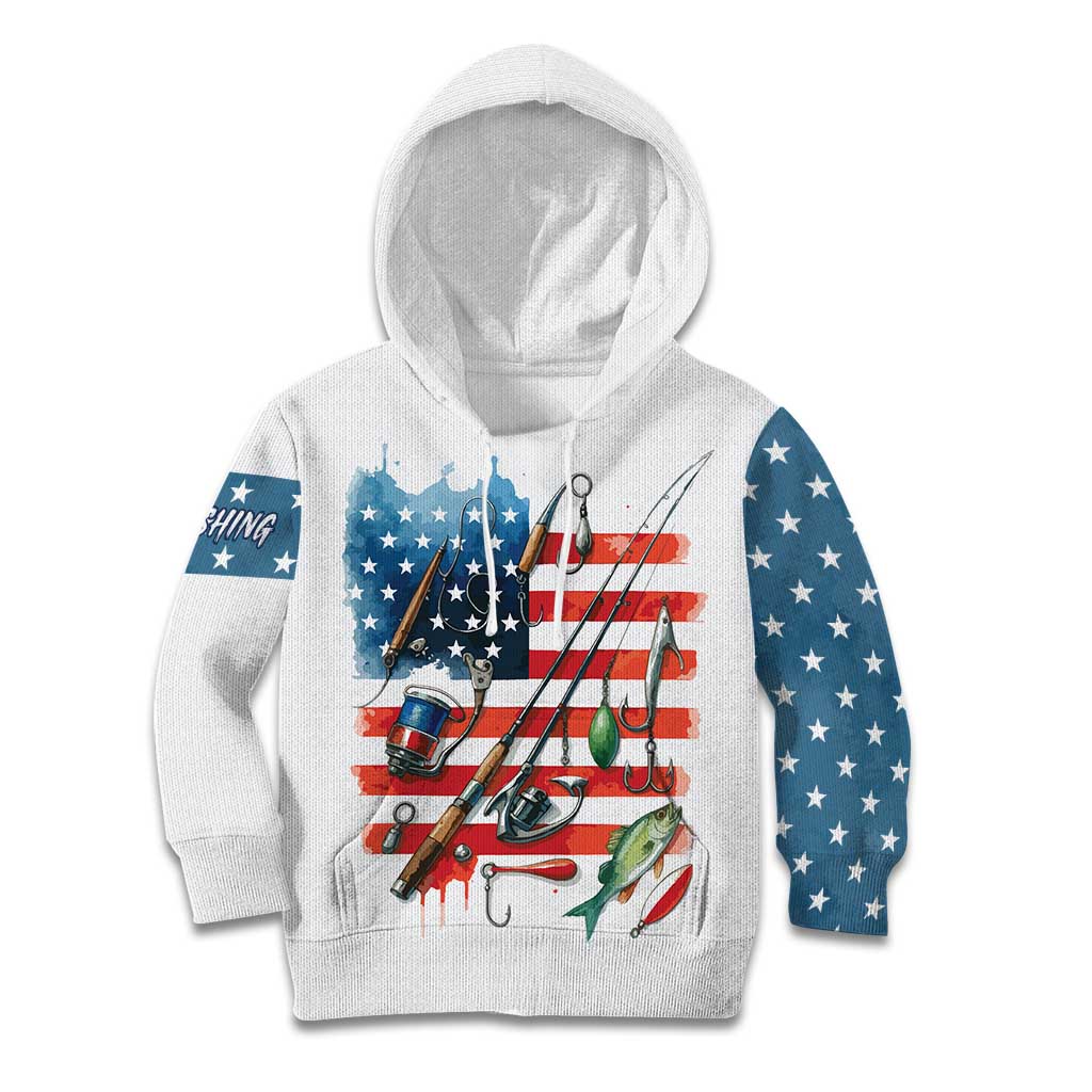 American Flag Fishing Kid Hoodie with Fishing Rods and Lures Watercolor Style Design - Wonder Print Shop
