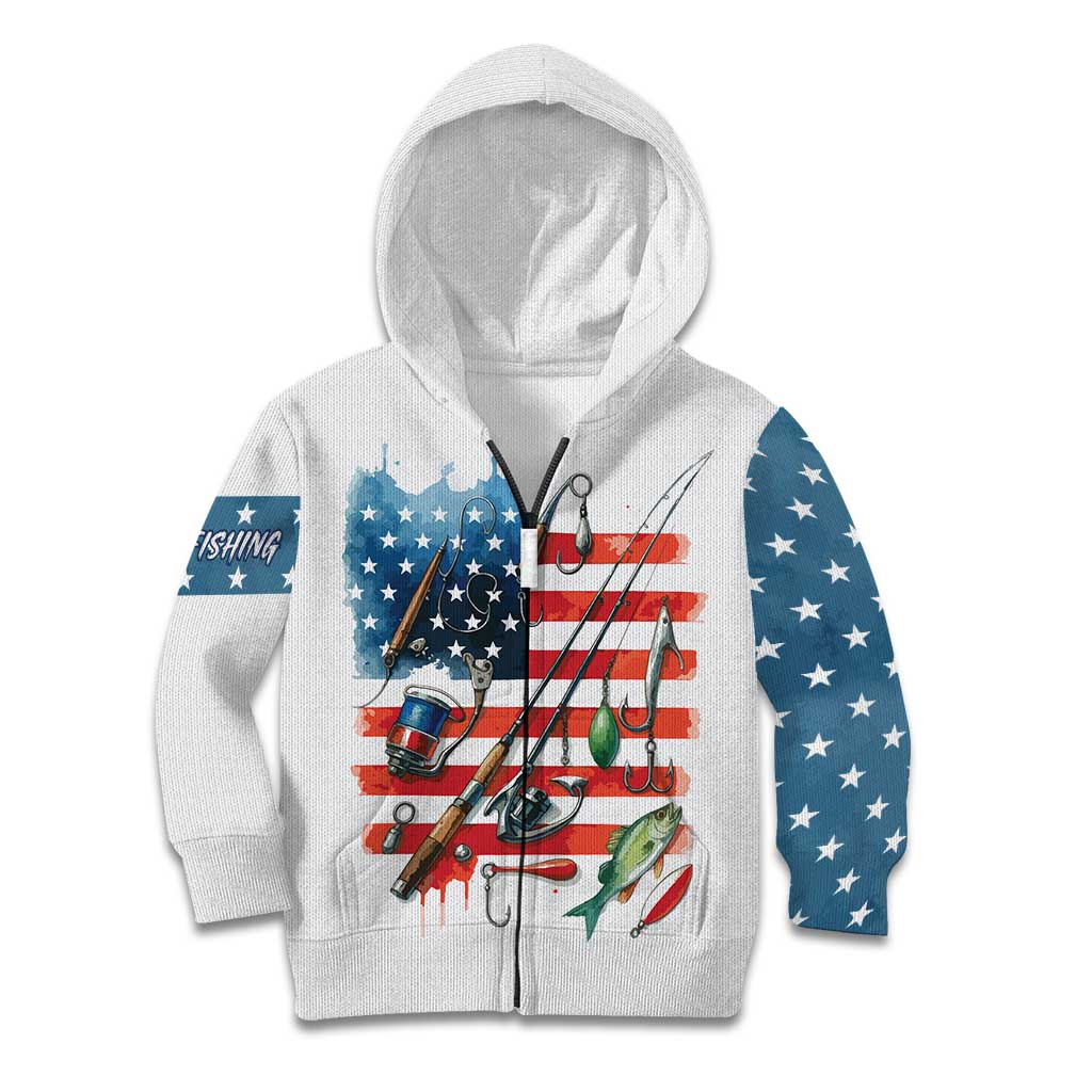 American Flag Fishing Kid Hoodie with Fishing Rods and Lures Watercolor Style Design - Wonder Print Shop