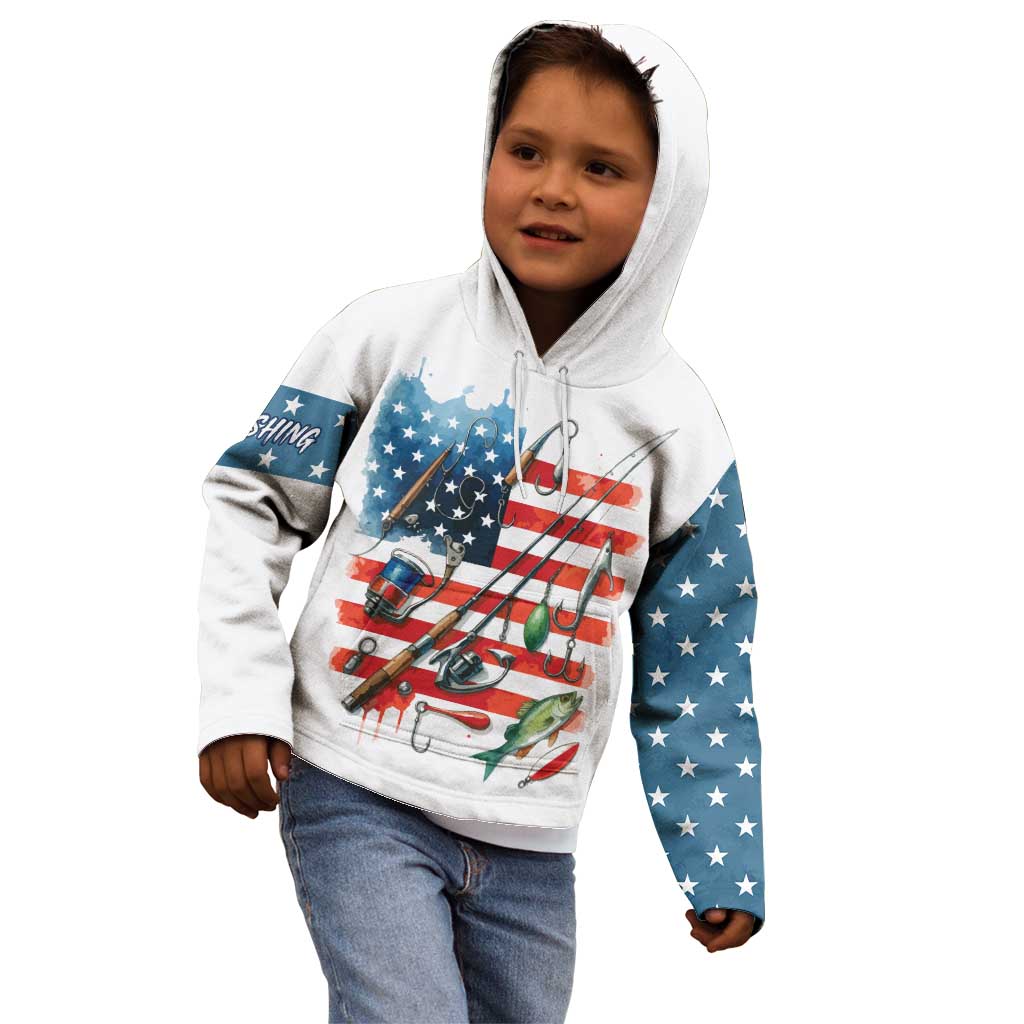 American Flag Fishing Kid Hoodie with Fishing Rods and Lures Watercolor Style Design - Wonder Print Shop