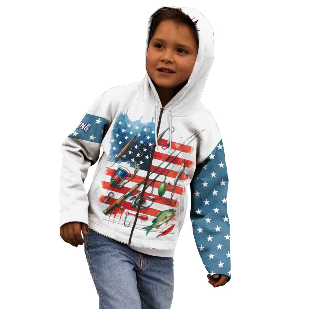 American Flag Fishing Kid Hoodie with Fishing Rods and Lures Watercolor Style Design - Wonder Print Shop