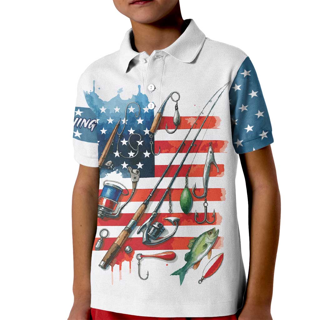 American Flag Fishing Kid Polo Shirt with Fishing Rods and Lures Watercolor Style Design - Wonder Print Shop