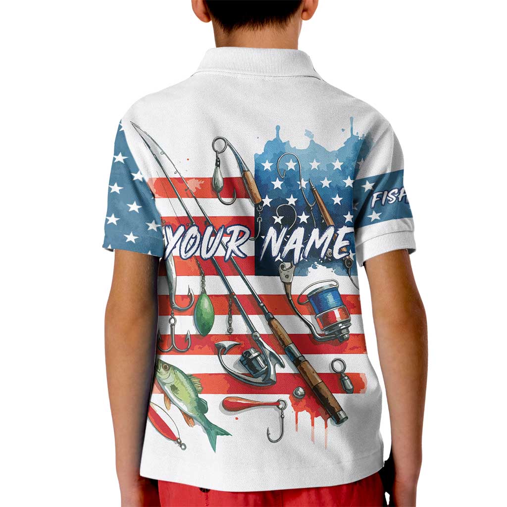American Flag Fishing Kid Polo Shirt with Fishing Rods and Lures Watercolor Style Design - Wonder Print Shop