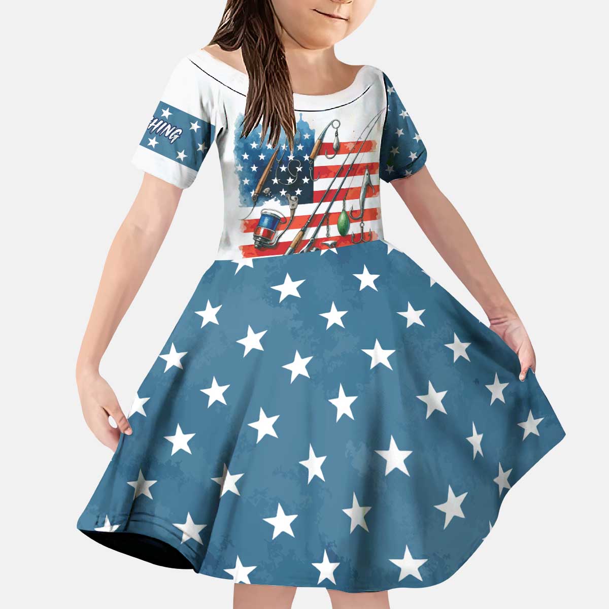 American Flag Fishing Kid Short Sleeve Dress with Fishing Rods and Lures Watercolor Style Design - Wonder Print Shop
