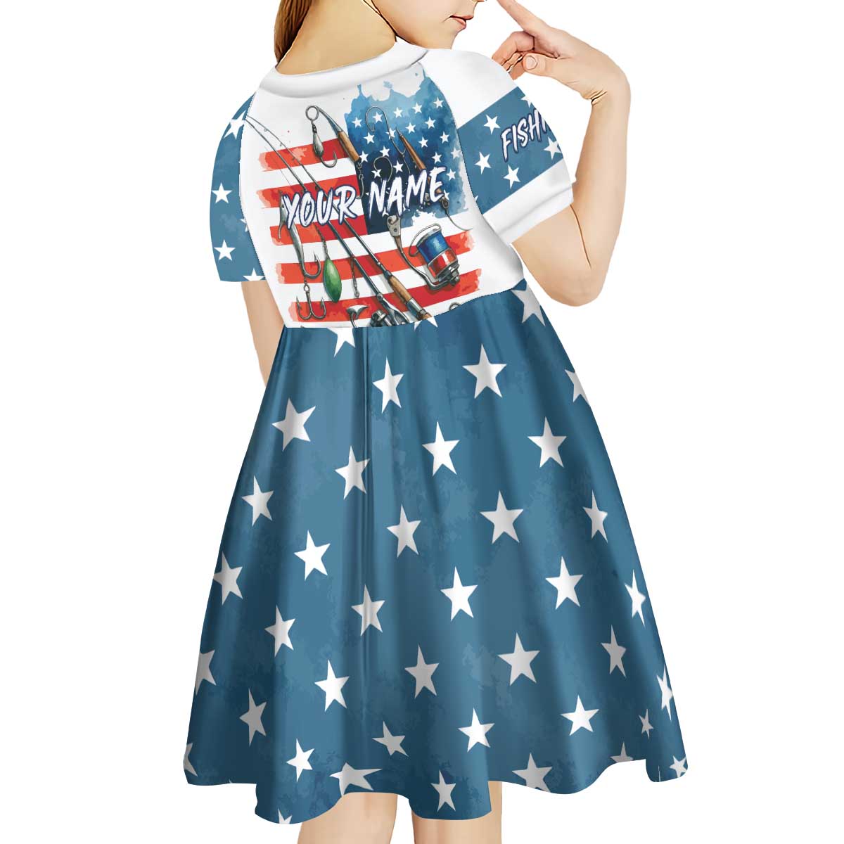 American Flag Fishing Kid Short Sleeve Dress with Fishing Rods and Lures Watercolor Style Design - Wonder Print Shop
