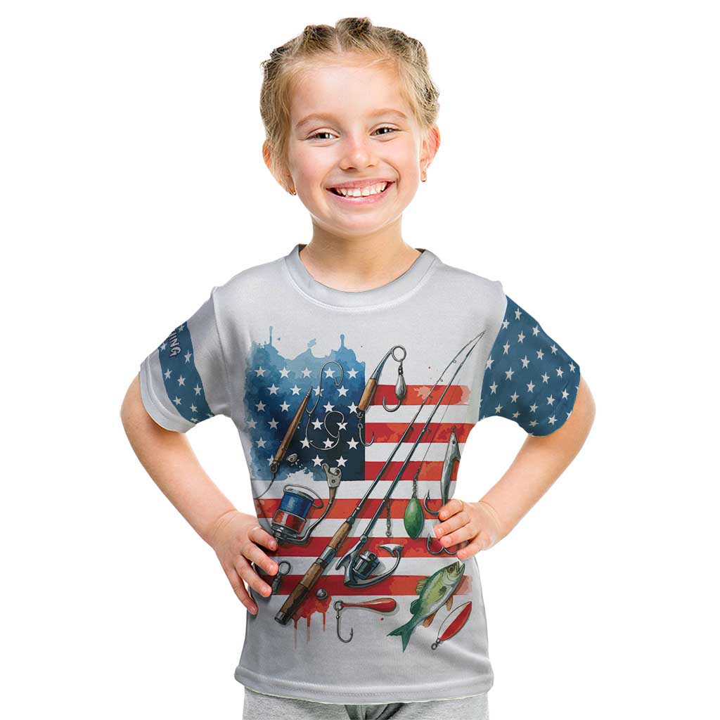 American Flag Fishing Kid T Shirt with Fishing Rods and Lures Watercolor Style Design - Wonder Print Shop