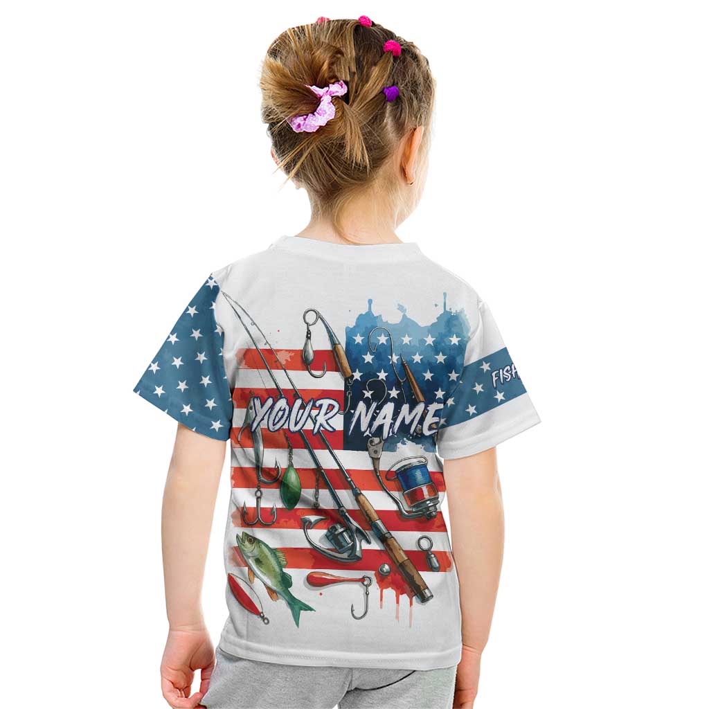 American Flag Fishing Kid T Shirt with Fishing Rods and Lures Watercolor Style Design - Wonder Print Shop