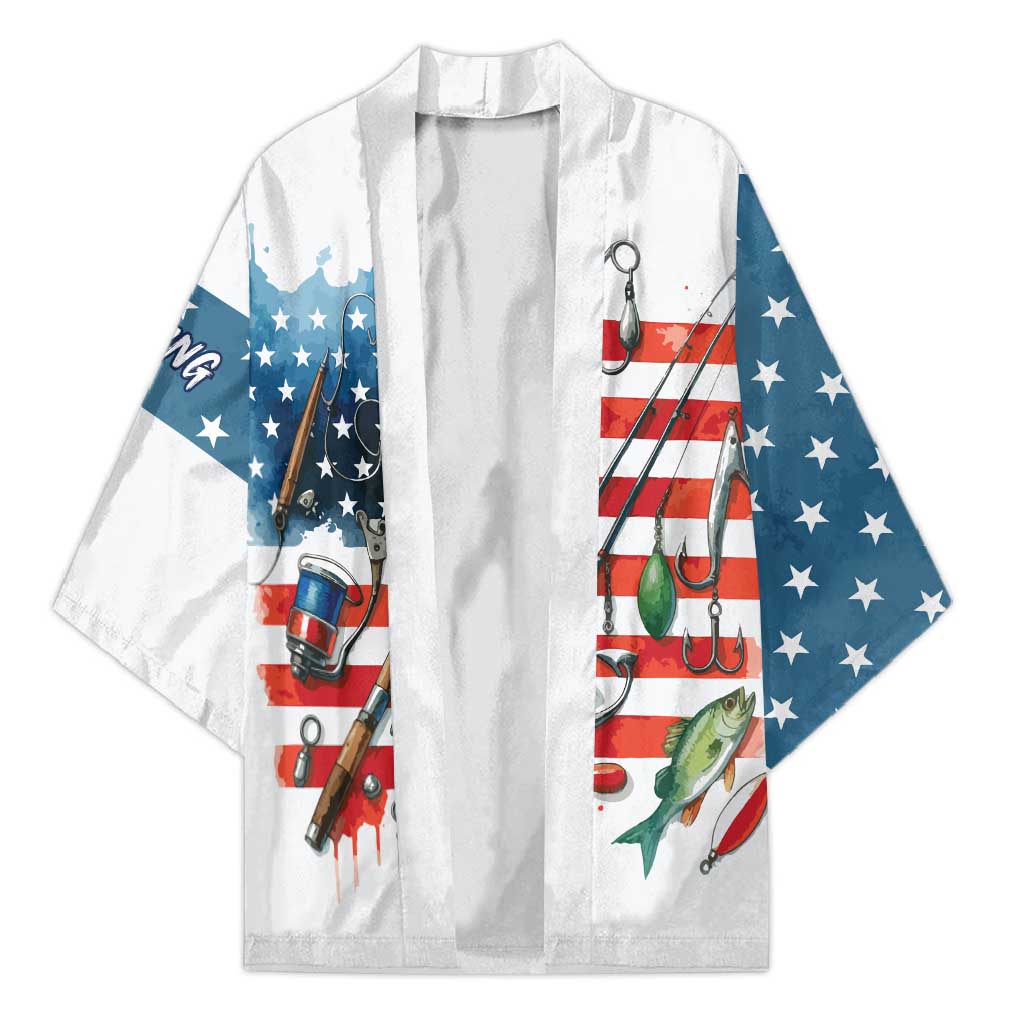 American Flag Fishing Kimono with Fishing Rods and Lures Watercolor Style Design - Wonder Print Shop