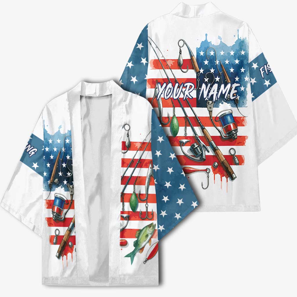 American Flag Fishing Kimono with Fishing Rods and Lures Watercolor Style Design - Wonder Print Shop