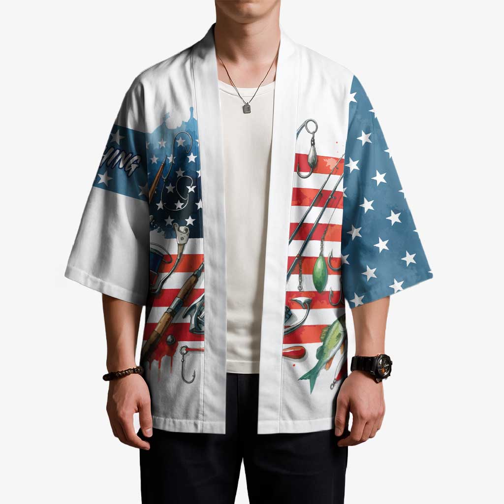 American Flag Fishing Kimono with Fishing Rods and Lures Watercolor Style Design - Wonder Print Shop