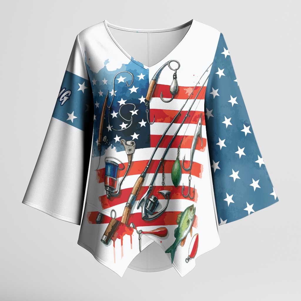 American Flag Fishing Kimono Sleeve Blouse with Fishing Rods and Lures Watercolor Style Design - Wonder Print Shop