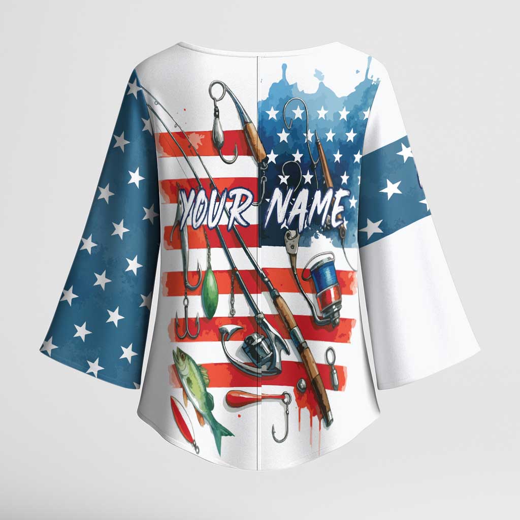 American Flag Fishing Kimono Sleeve Blouse with Fishing Rods and Lures Watercolor Style Design - Wonder Print Shop