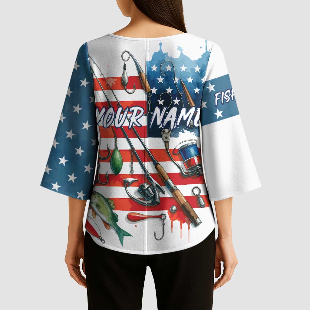 American Flag Fishing Kimono Sleeve Blouse with Fishing Rods and Lures Watercolor Style Design - Wonder Print Shop