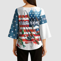 American Flag Fishing Kimono Sleeve Blouse with Fishing Rods and Lures Watercolor Style Design - Wonder Print Shop