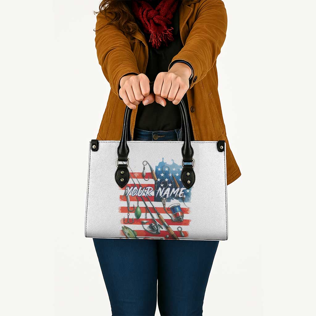 American Flag Fishing Leather Bag with Fishing Rods and Lures Watercolor Style Design - Wonder Print Shop