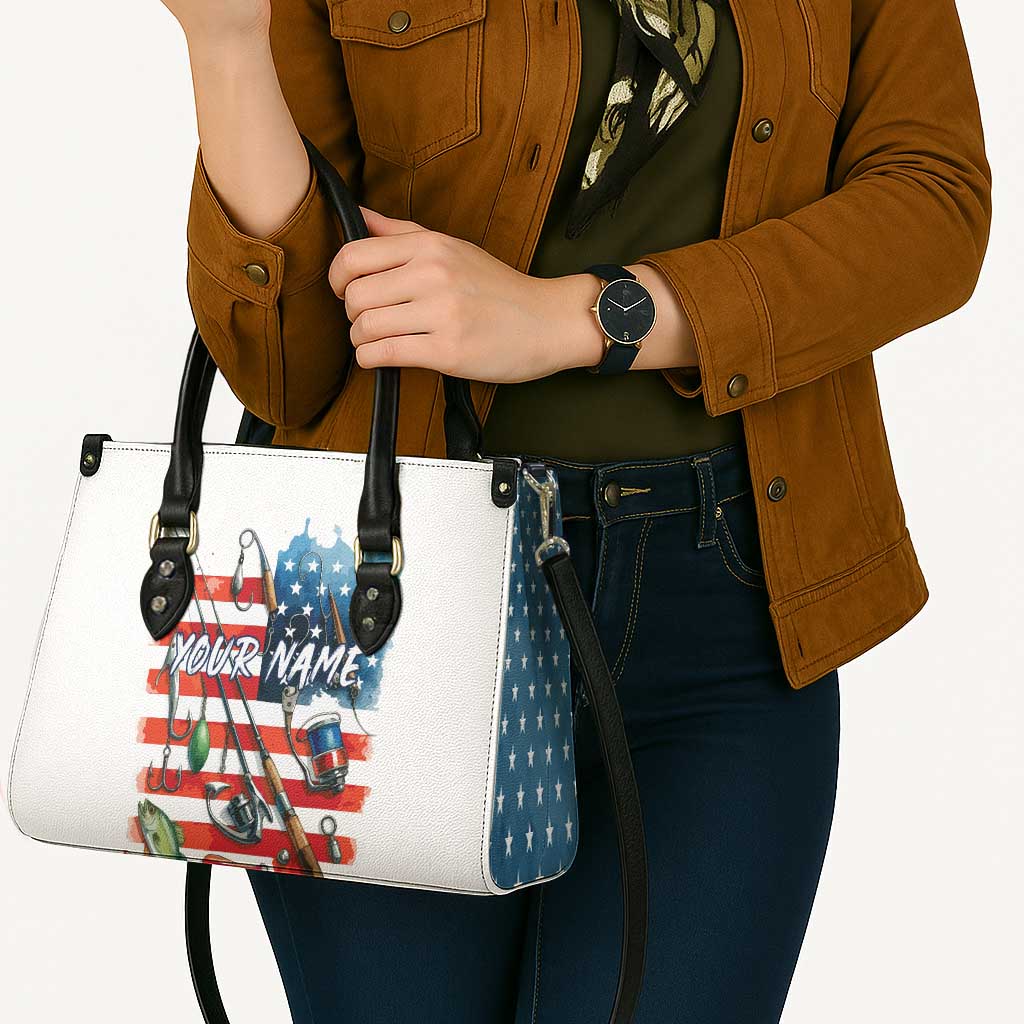American Flag Fishing Leather Bag with Fishing Rods and Lures Watercolor Style Design - Wonder Print Shop