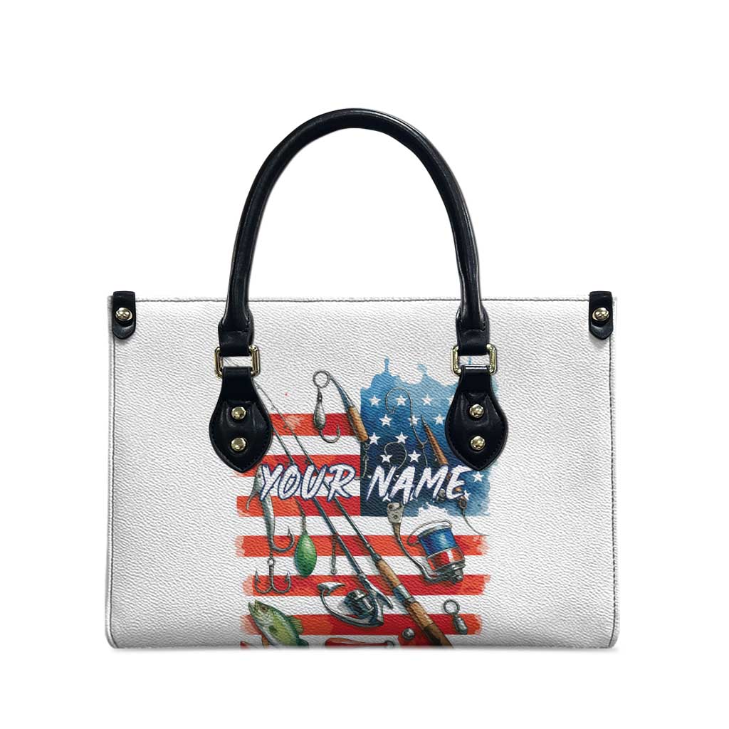 American Flag Fishing Leather Bag with Fishing Rods and Lures Watercolor Style Design - Wonder Print Shop