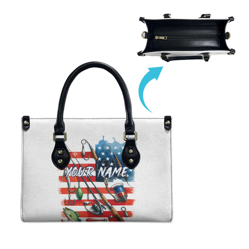 American Flag Fishing Leather Bag with Fishing Rods and Lures Watercolor Style Design - Wonder Print Shop