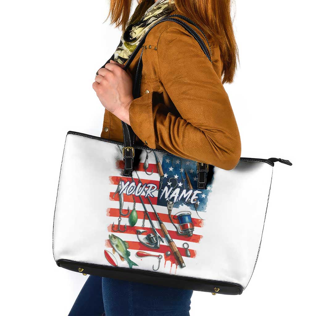 American Flag Fishing Leather Tote Bag with Fishing Rods and Lures Watercolor Style Design - Wonder Print Shop