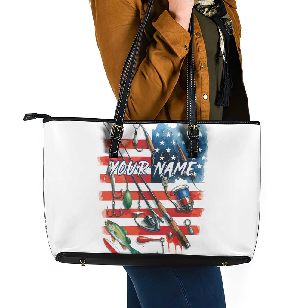American Flag Fishing Leather Tote Bag with Fishing Rods and Lures Watercolor Style Design - Wonder Print Shop