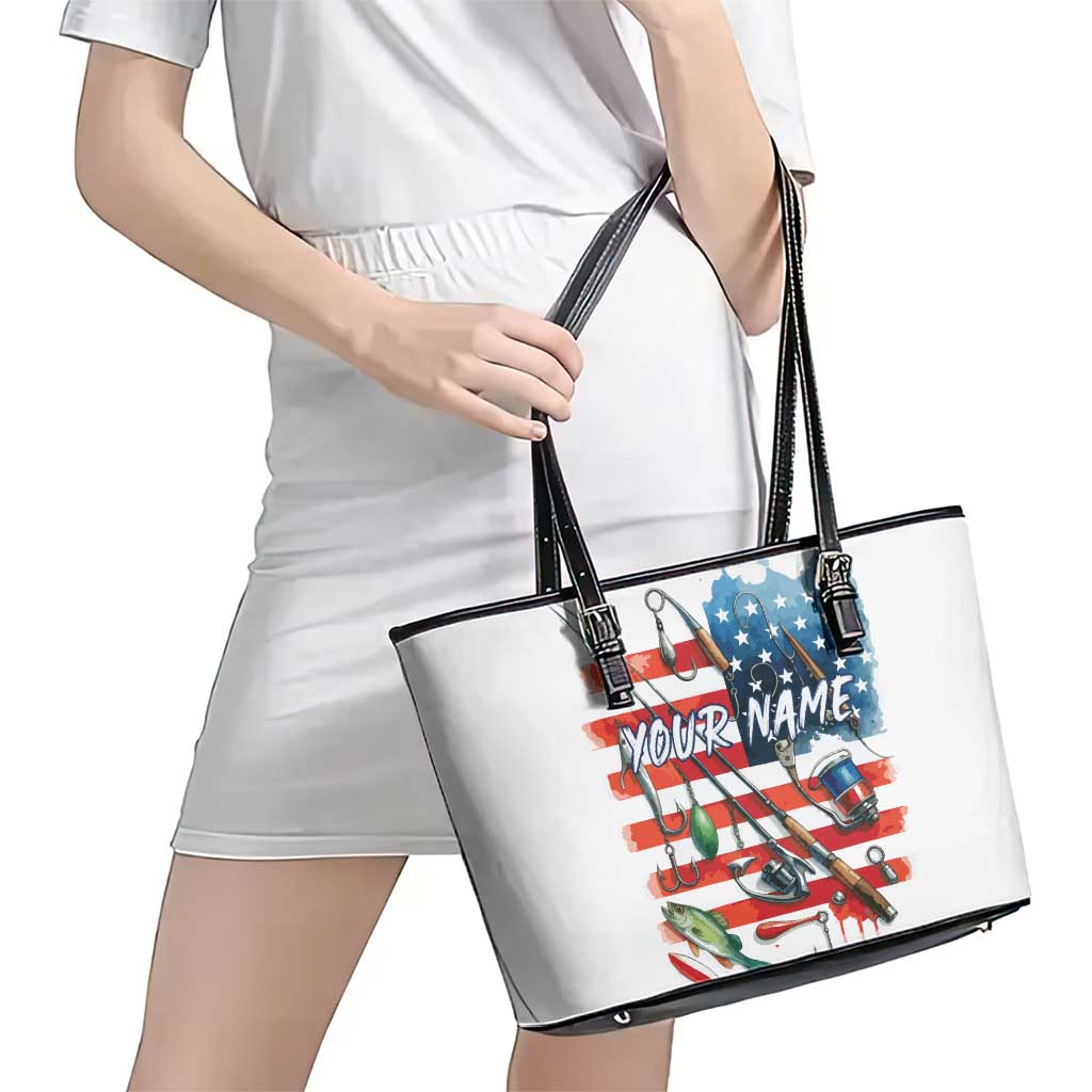 American Flag Fishing Leather Tote Bag with Fishing Rods and Lures Watercolor Style Design - Wonder Print Shop