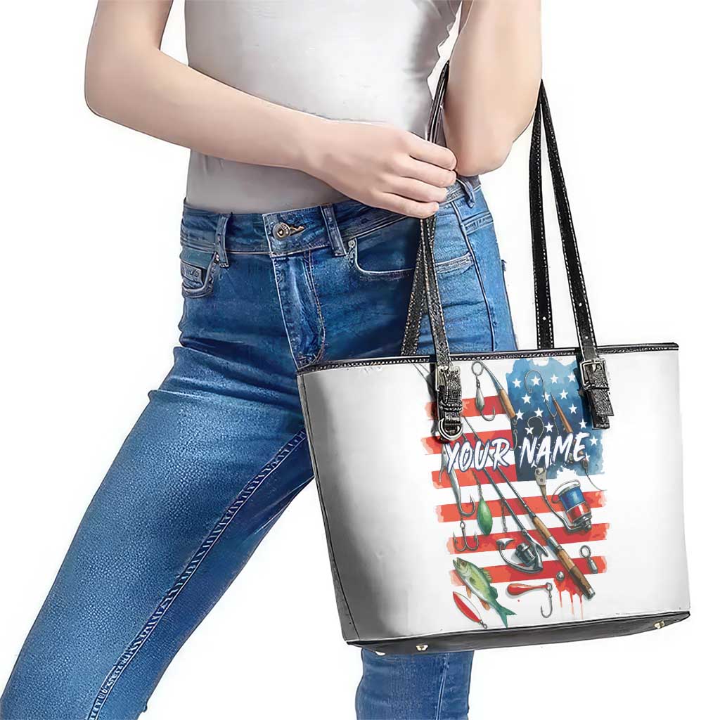 American Flag Fishing Leather Tote Bag with Fishing Rods and Lures Watercolor Style Design - Wonder Print Shop