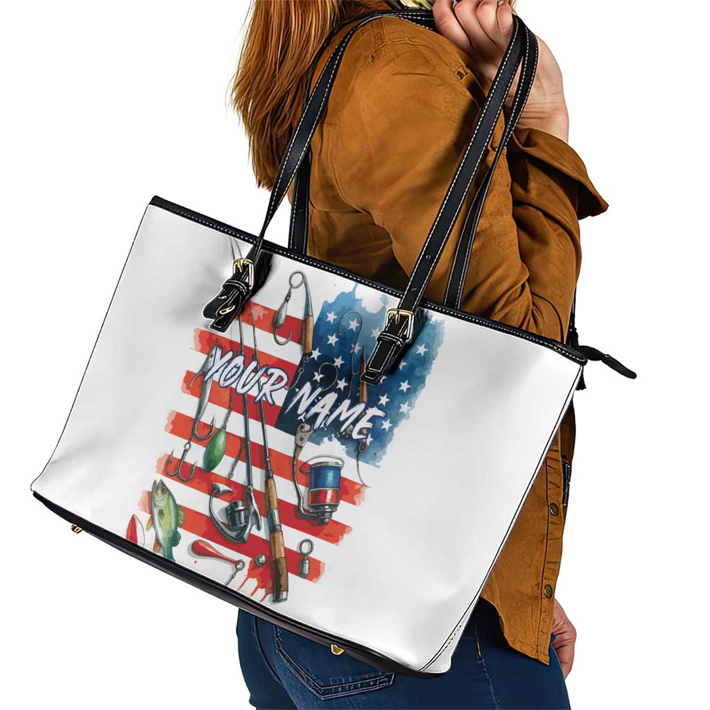 American Flag Fishing Leather Tote Bag with Fishing Rods and Lures Watercolor Style Design - Wonder Print Shop
