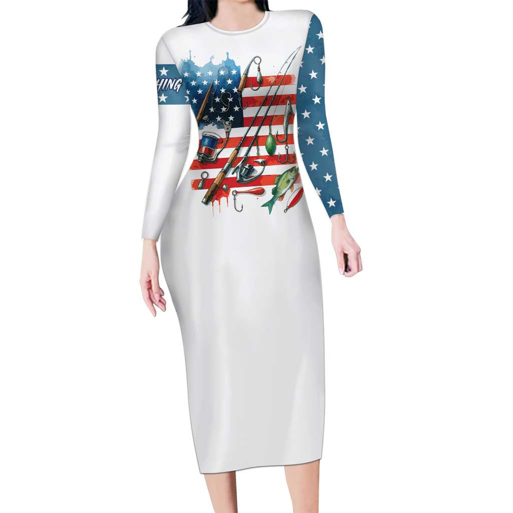 American Flag Fishing Long Sleeve Bodycon Dress with Fishing Rods and Lures Watercolor Style Design - Wonder Print Shop