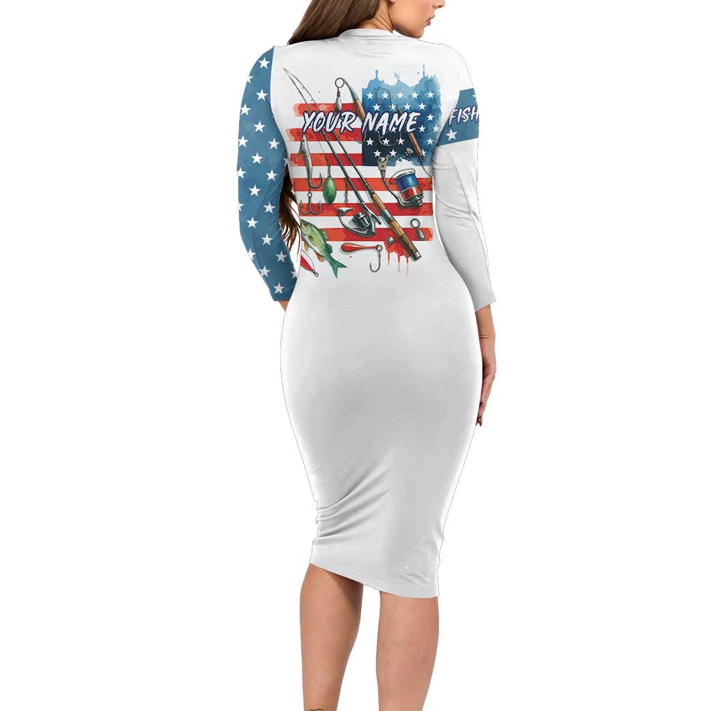 American Flag Fishing Long Sleeve Bodycon Dress with Fishing Rods and Lures Watercolor Style Design - Wonder Print Shop