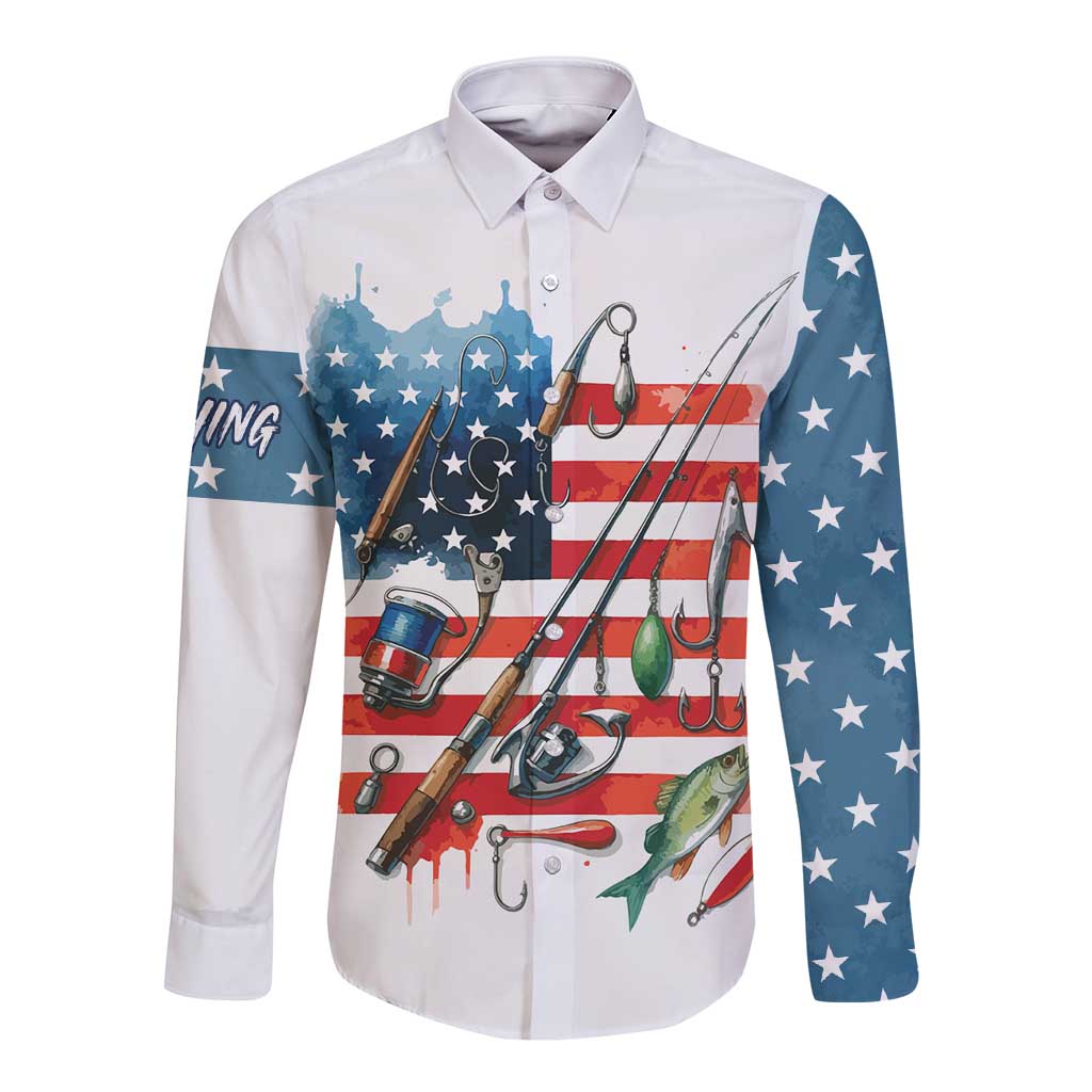 American Flag Fishing Long Sleeve Button Shirt with Fishing Rods and Lures Watercolor Style Design - Wonder Print Shop