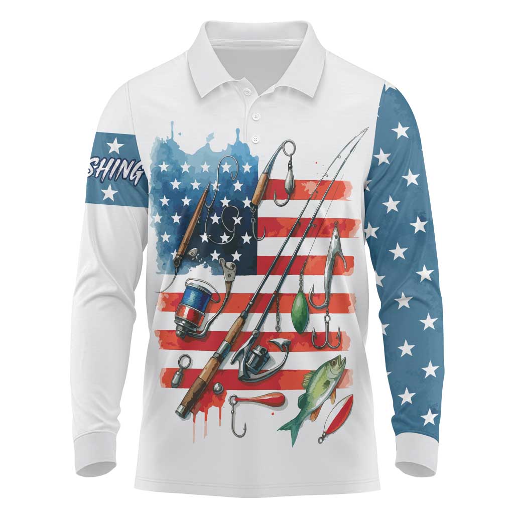 American Flag Fishing Long Sleeve Polo Shirt with Fishing Rods and Lures Watercolor Style Design - Wonder Print Shop