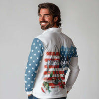 American Flag Fishing Long Sleeve Polo Shirt with Fishing Rods and Lures Watercolor Style Design - Wonder Print Shop