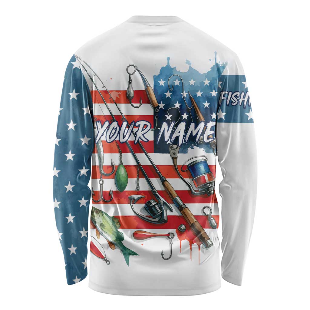 American Flag Fishing Long Sleeve Shirt with Fishing Rods and Lures Watercolor Style Design - Wonder Print Shop