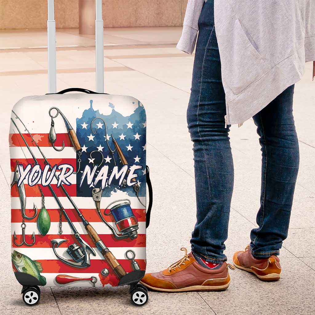American Flag Fishing Luggage Cover with Fishing Rods and Lures Watercolor Style Design - Wonder Print Shop