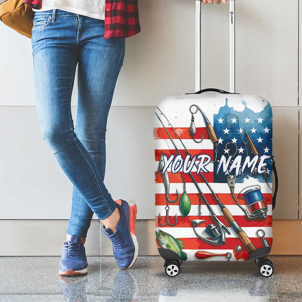 American Flag Fishing Luggage Cover with Fishing Rods and Lures Watercolor Style Design - Wonder Print Shop