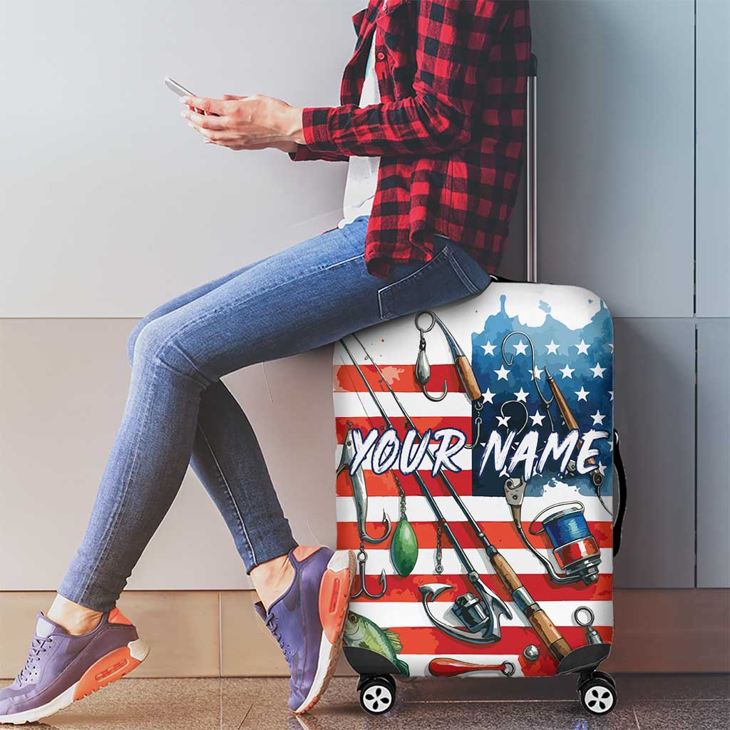 American Flag Fishing Luggage Cover with Fishing Rods and Lures Watercolor Style Design - Wonder Print Shop